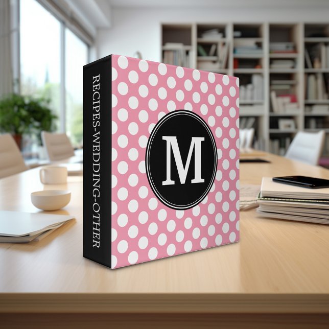 Pastel Pink and Black Polka Dots Custom Monogram Binder (Personalized 3-ring Binder with monogram)