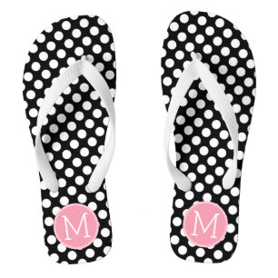 Pastel Pink and Black Polka Dots Custom Monogram Flip Flops