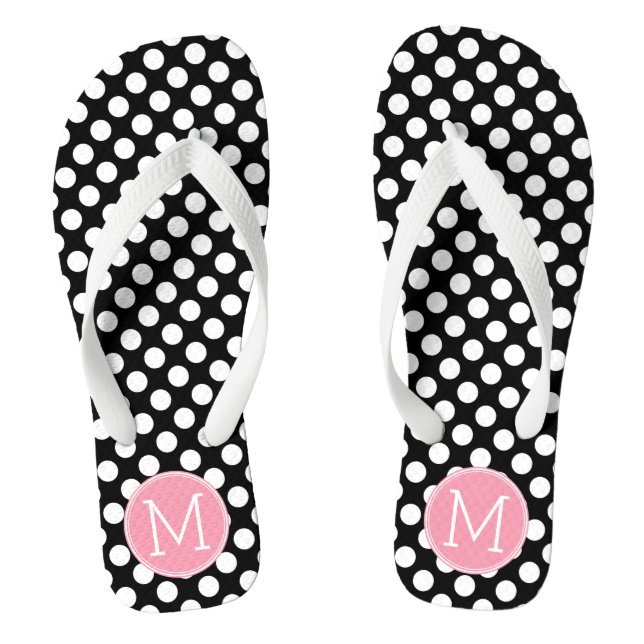 Pastel Pink and Black Polka Dots Custom Monogram Flip Flops (Footbed)
