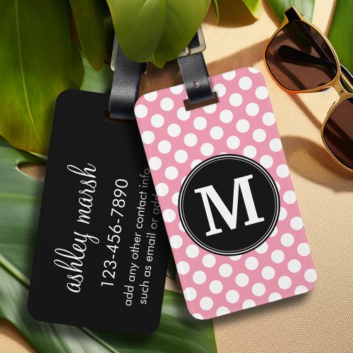 Pastel Pink and Black Polka Dots Custom Monogram Luggage Tag