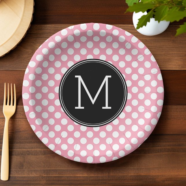 Pastel Pink and Black Polka Dots Custom Monogram Paper Plates (Custom Paper Plate)