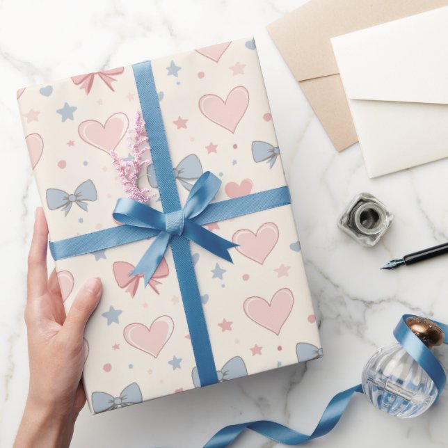 Pastel Pink and Blue Bow and Heart Pattern Wrapping Paper (Gifting)