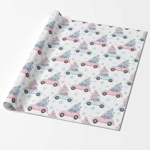 Pastel Pink and Blue Cars with Christmas Trees Wrapping Paper