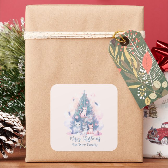 Pastel Pink and Blue Cat Family Merry Christmas Square Sticker (Holiday)
