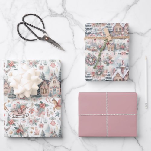 Pastel Pink and Blue Christmas Houses and Reindeer Wrapping Paper Sheets
