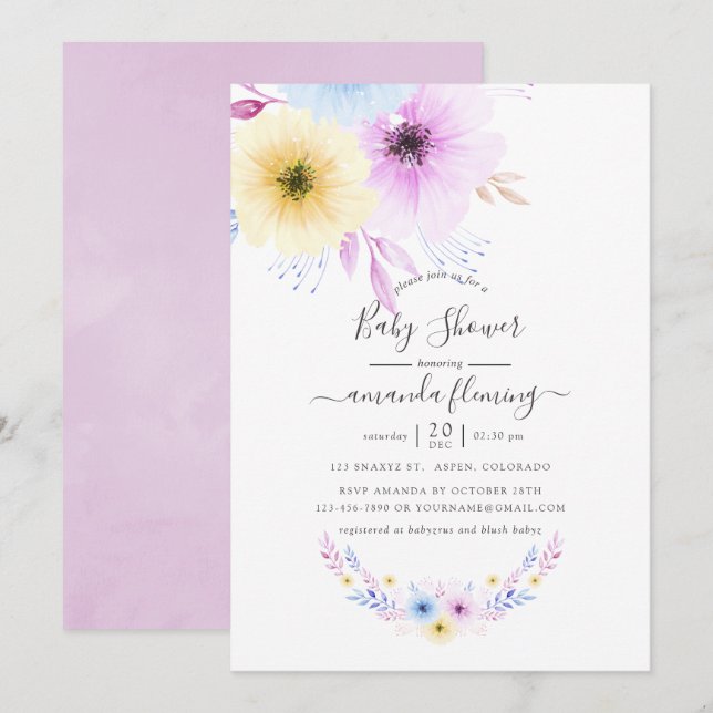 Pastel Pink and Blue Floral Baby Shower Invitation (Front/Back)
