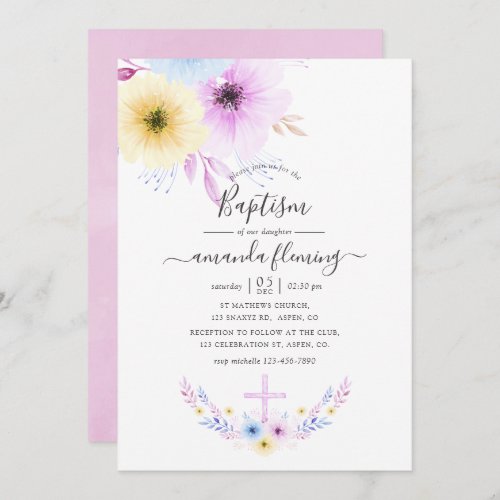 Pastel Pink and Blue Floral Baptism Invitation