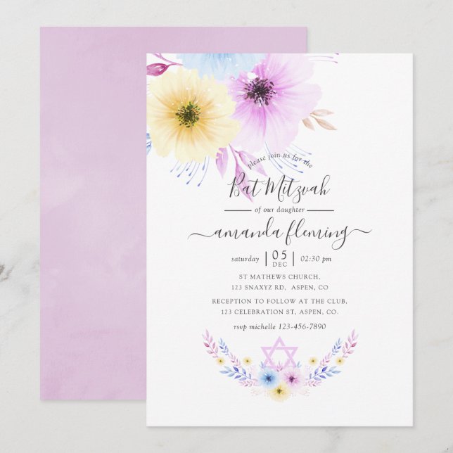 Pastel Pink and Blue Floral Bat Mitzvah Invitation (Front/Back)