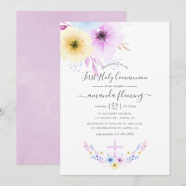 Pastel Pink and Blue Floral First Holy Communion Invitation (Front/Back)