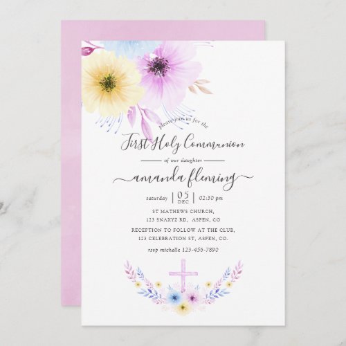 Pastel Pink and Blue Floral First Holy Communion Invitation