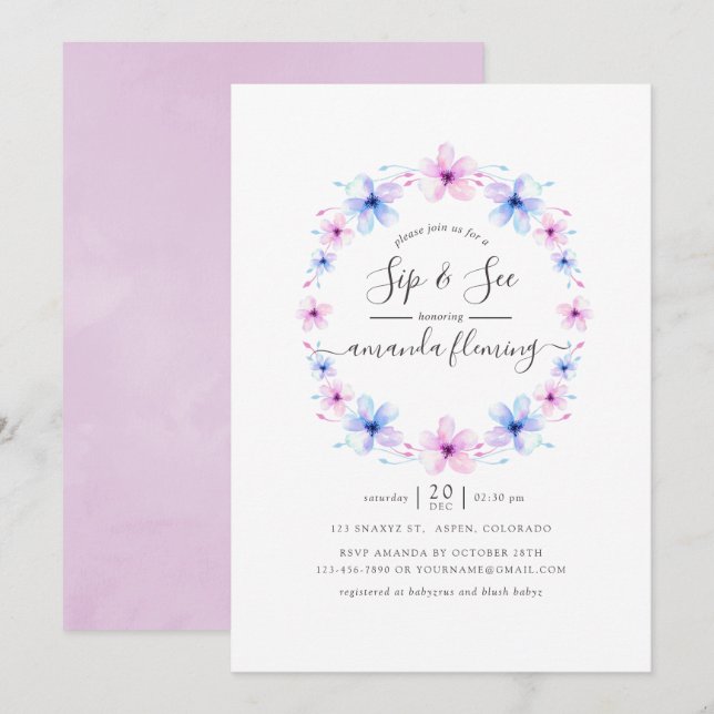 Pastel Pink and Blue Floral Sip and See Invitation (Front/Back)