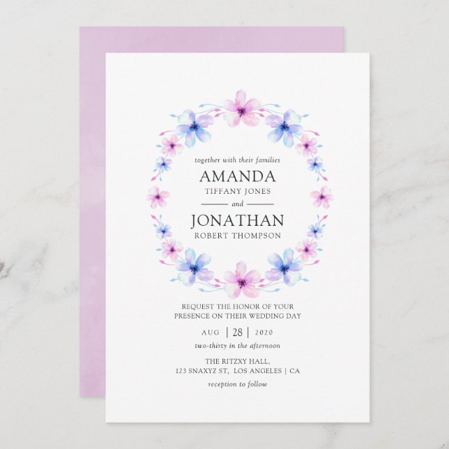 Pastel Pink and Blue Floral Wedding Invitation (Front/Back)