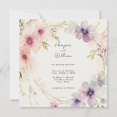 Pastel pink and blue flowers wedding invitation