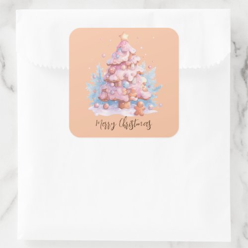 Pastel Pink and Blue Gingerbread Christmas Tree Square Sticker