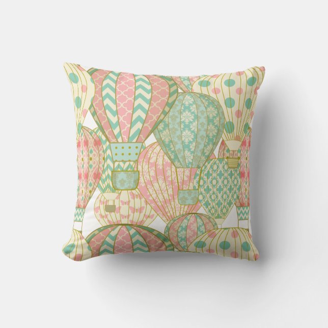 Pastel Pink and Blue Hot Air Balloons Throw Pillow (Front)