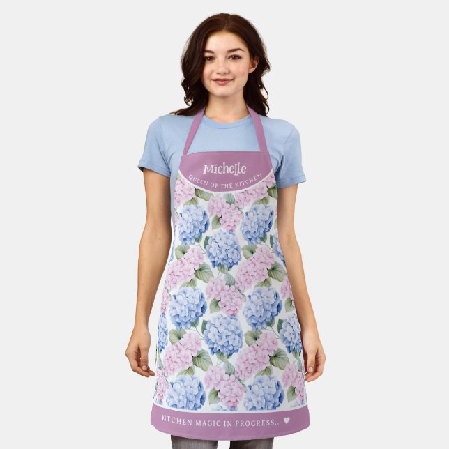 Pastel pink and blue hydrangea pattern apron (Worn)