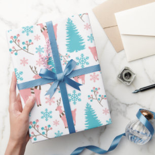 Pastel Pink and Blue Reindeer Wonderland White Wrapping Paper