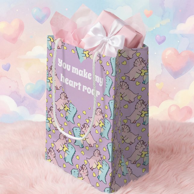 Pastel Pink And Blue Romantic Dinosaur Small Gift Bag (Cute pastel dinosaur love bag. It's perfect for Valentine’s Day surprises. Change the words.)