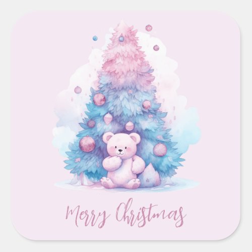 Pastel Pink and Blue Teddy Bear Christmas Tree Square Sticker
