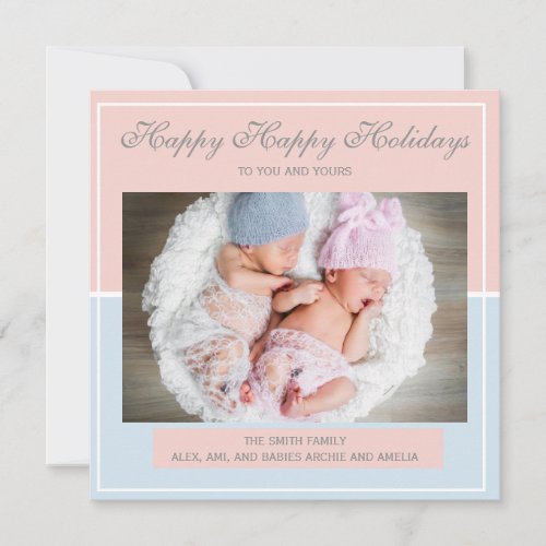 Pastel Pink and Blue Twin Boy Girl Photo Christmas Holiday Card
