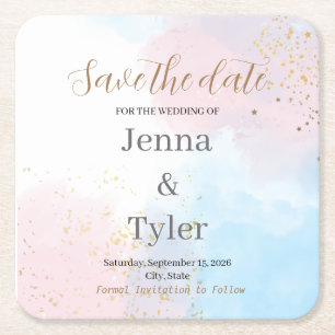 Pastel Pink and Blue Watercolor Save the Date Square Paper Coaster