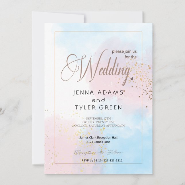 Pastel Pink and Blue Watercolor Wedding Invitation (Front)