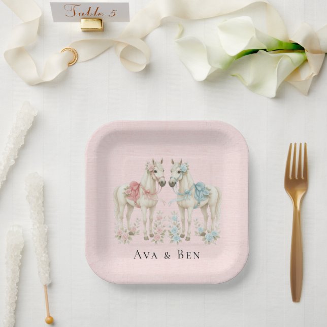 Pastel Pink and Blue Wedding Horses Canvas  Paper Plates (Wedding)
