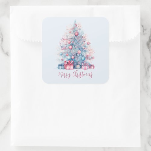 Pastel Pink and Blue Whimsical Christmas Tree Gift Square Sticker