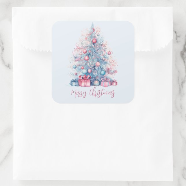 Pastel Pink and Blue Whimsical Christmas Tree Gift Square Sticker (Bag)