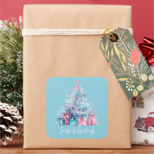 Pastel Pink and Blue Whimsical Christmas Tree Square Sticker