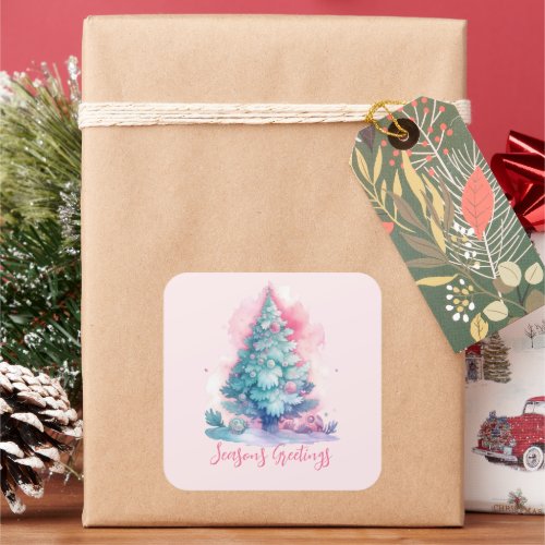 Pastel Pink and Blue Whimsical Christmas Tree  Square Sticker