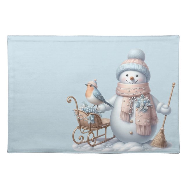 PASTEL PINK AND BLUE WINTER SNOWMAN CLOTH PLACEMAT (Front)