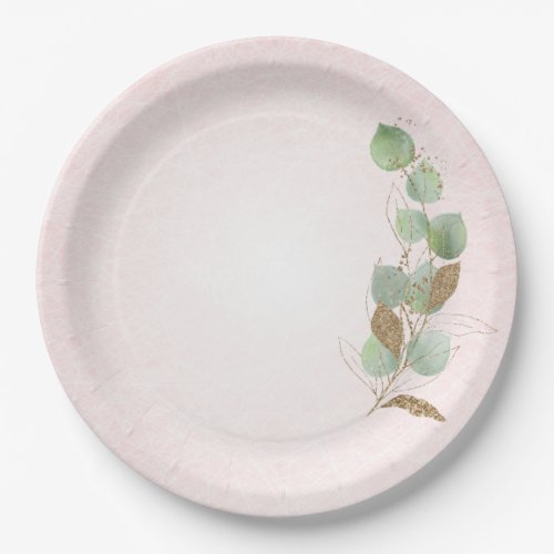 Pastel Pink and Glitter Botanical Leaves Paper Plates