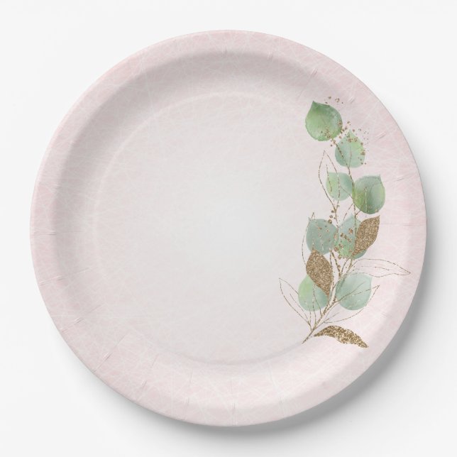 Pastel Pink and Glitter Botanical Leaves Paper Plates (Front)