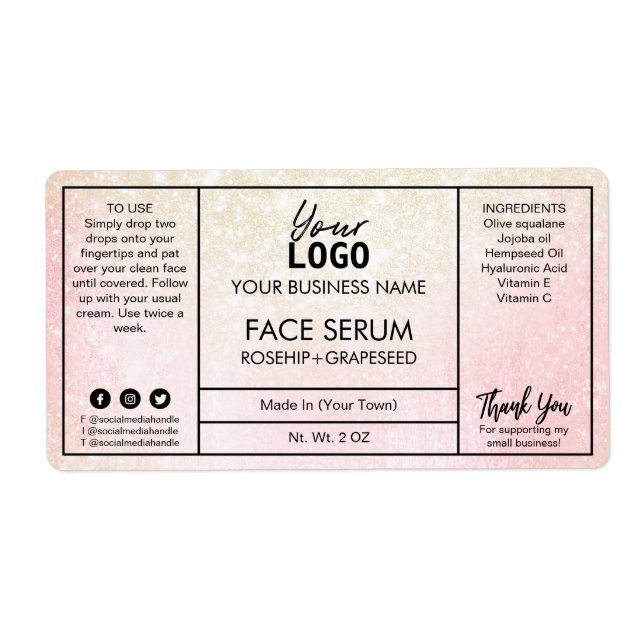 Pastel Pink And Gold Face Serum Label (Front)
