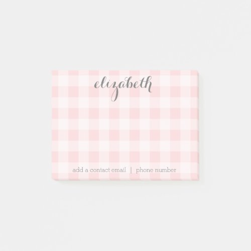 Pastel Pink and Gray Buffalo Check Add Your Name Post_it Notes