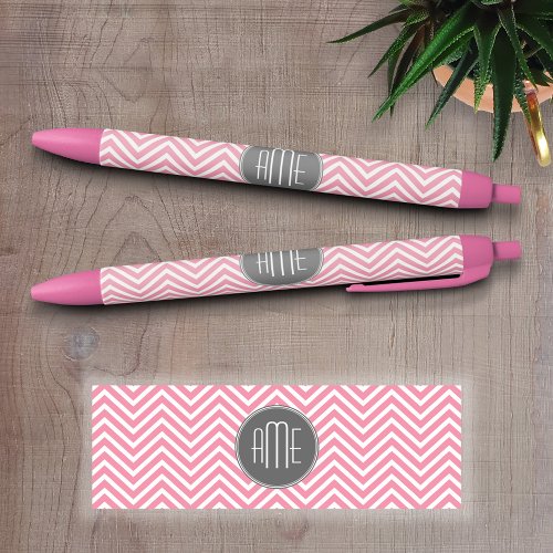 Pastel Pink and Gray Chevron Pattern Monogram Black Ink Pen