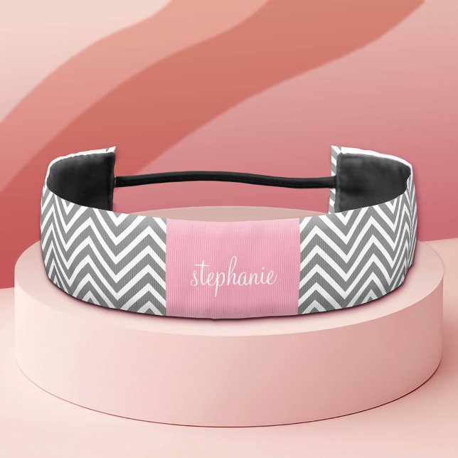 Pastel Pink and Gray Chevrons Custom Name Athletic Headband (Custom Hairband)