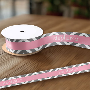 Pastel Pink and Gray Chevrons Custom Name Satin Ribbon