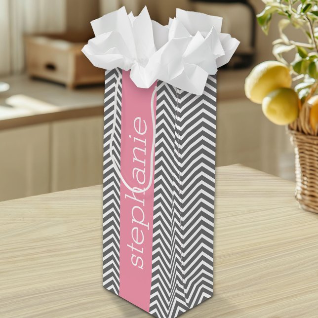 Pastel Pink and Gray Chevrons Custom Name Wine Gift Bag (Custom Gift Bag)