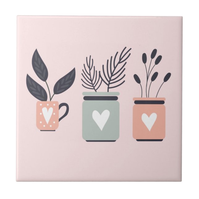 Pastel pink and gray modern pot plants ceramic tile (Front)
