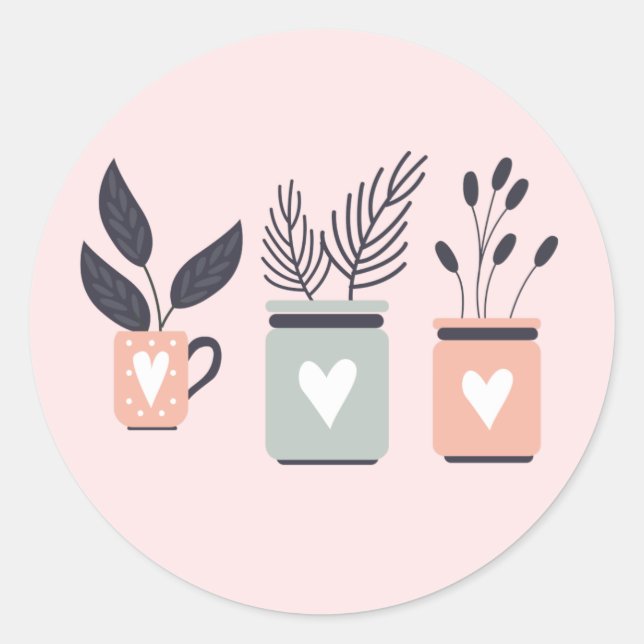 Pastel pink and gray modern pot plants classic round sticker (Front)