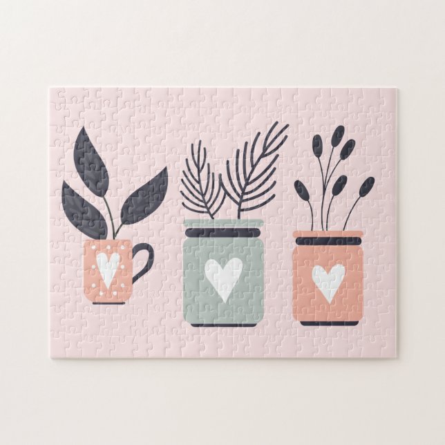 Pastel pink and gray modern pot plants jigsaw puzzle (Horizontal)