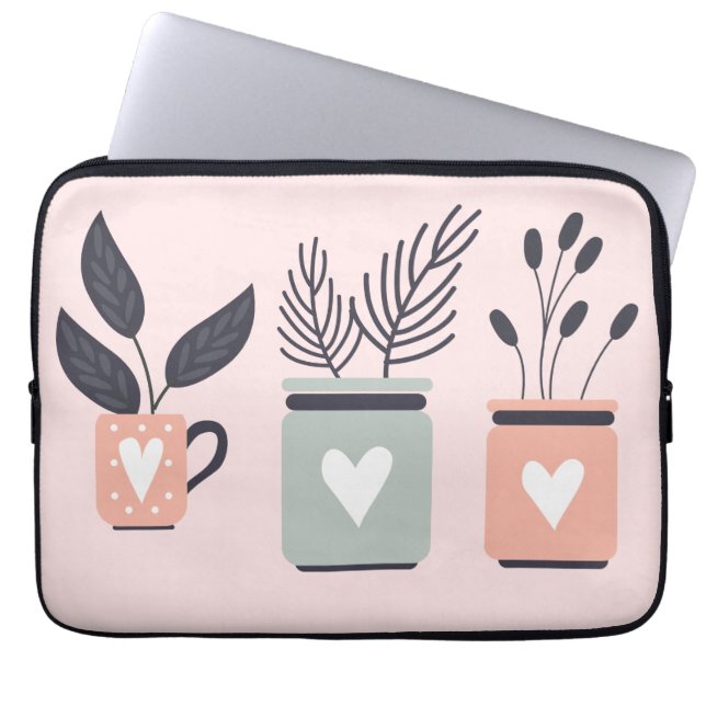 Pastel pink and gray modern pot plants laptop sleeve (Front)