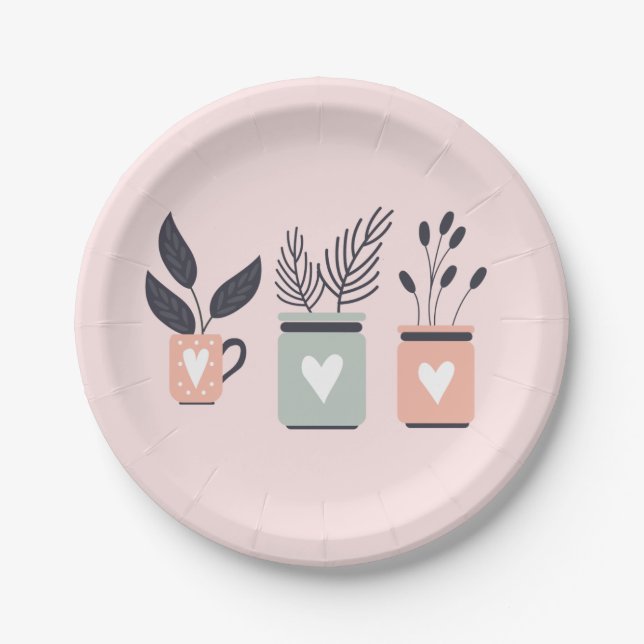 Pastel pink and gray modern pot plants paper plates (Front)
