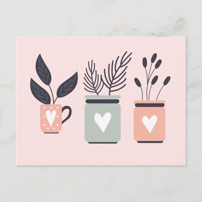 Pastel pink and gray modern pot plants postcard (Front)