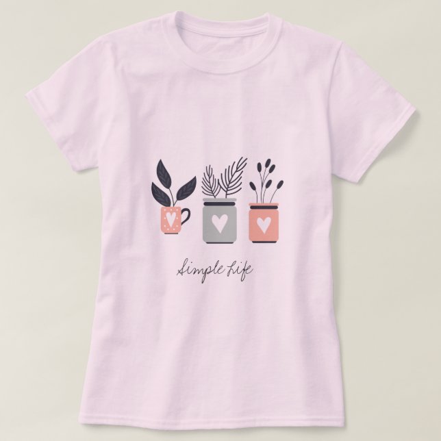 Pastel pink and gray modern pot plants T-Shirt (Design Front)