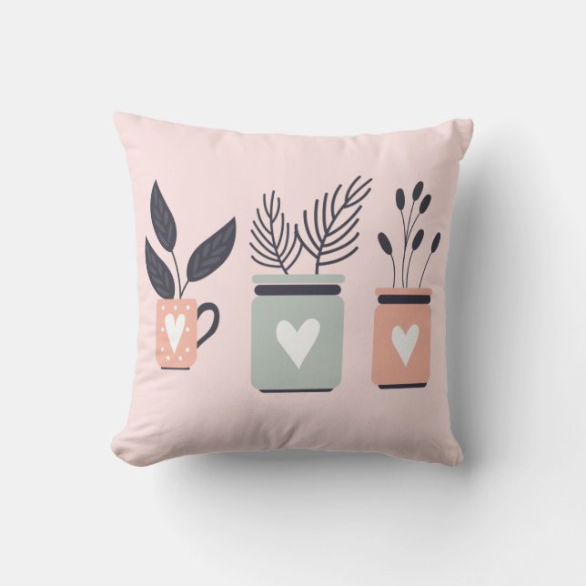 Pastel pink and gray modern pot plants throw pillow (Front)
