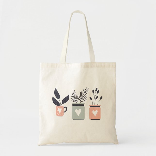 Pastel pink and gray modern pot plants tote bag (Front)