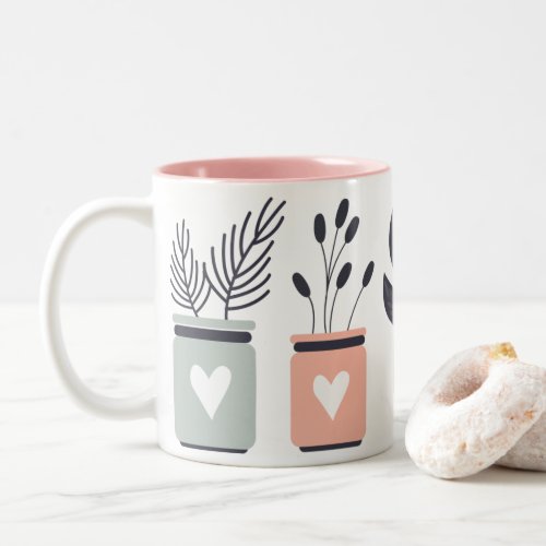 Pastel pink and gray modern pot plants Two_Tone coffee mug